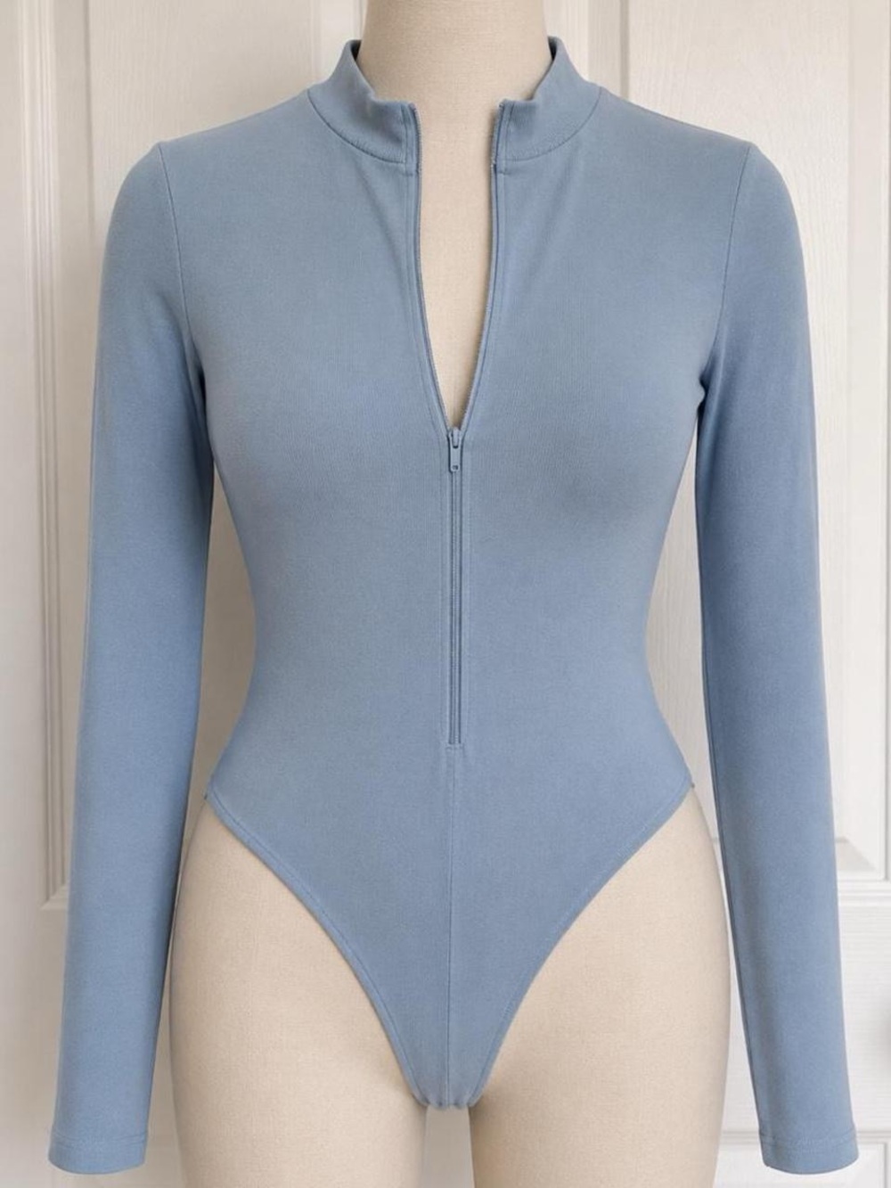 Fashion Nova Girls Light Blue Long Sleeve Zip-Front Bodysuit